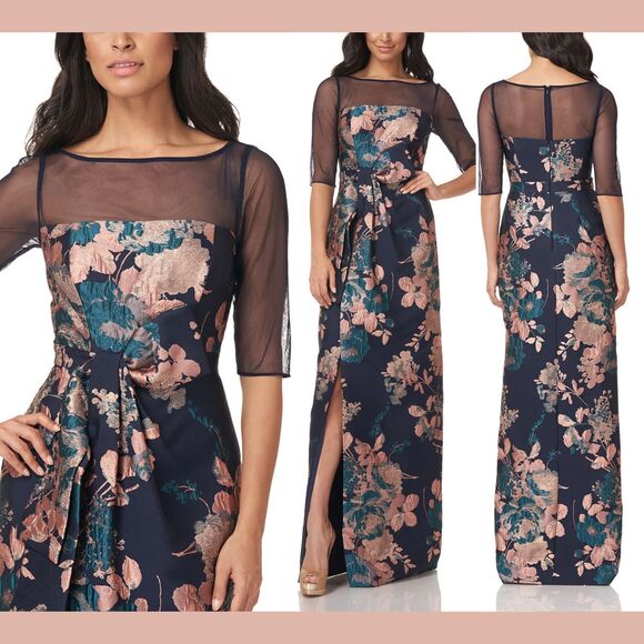 NWT $318 Kay‎ Unger [ 6 ] Floral Jacquard Catrina 3D Bow Gown Navy ApricotBlue - Picture 1 of 4